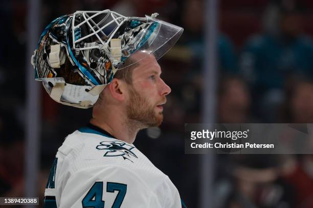 Goaltender James Reimer of the San Jose Sharks during the first period of the NHL game at Gila River Arena on March 30, 2022 in Glendale, Arizona.