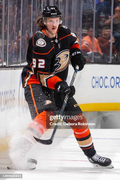 Andrej Sustr of the Anaheim Ducks sprays ice as he stops during the third period of the game against the Edmonton Oilers at Honda Center on April 3,...