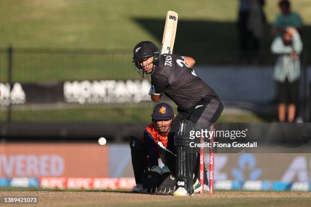 Ross Taylor of New Zealand plays a shot during the third and final one-day international cricket match between the New Zealand and the Netherlands at...