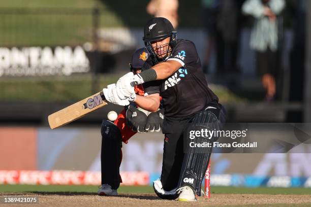 Ross Taylor of New Zealand plays a shot during the third and final one-day international cricket match between the New Zealand and the Netherlands at...