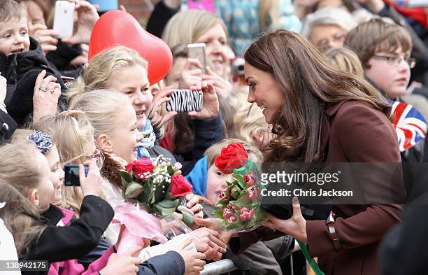 Catherine, Duchess of Cambridge meets young girls as she visits Alder Hey Children's NHS Foundation Trust on February 14, 2012 in Liverpool, England....