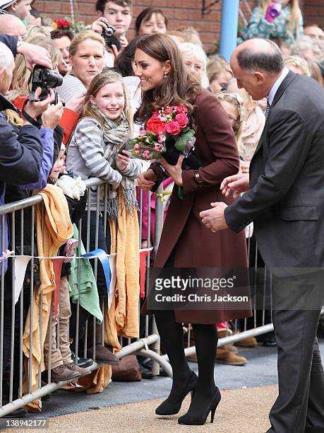 Catherine, Duchess of Cambridge smiles as she visits Alder Hey Children's NHS Foundation Trust on February 14, 2012 in Liverpool, England. The...