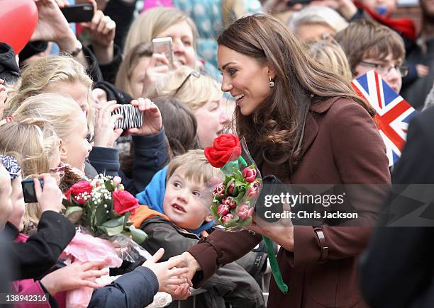 Catherine, Duchess of Cambridge meets young girls as she visits Alder Hey Children's NHS Foundation Trust on February 14, 2012 in Liverpool, England....