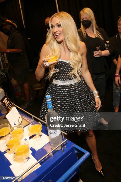 Carrie Underwood toasts to the 64th Annual GRAMMY Awards with Grey Goose vodka on April 03, 2022 in Las Vegas, Nevada.