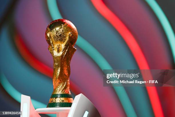 The World Cup trophy is seen during rehearsal ahead of the FIFA World Cup Qatar 2022 Final Draw at Doha Exhibition Center on April 01, 2022 in Doha,...