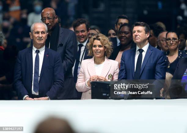 Mayor of Toulon Hubert Falco, Mayor of Nice Christian Estrosi and his wife Laura Tenoudji attends the campaign rally of French President Emmanuel...
