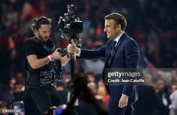 French President Emmanuel Macron - candidate 'La Republique En Marche!' for his re-election in the 2022 presidential election - during his campaign...