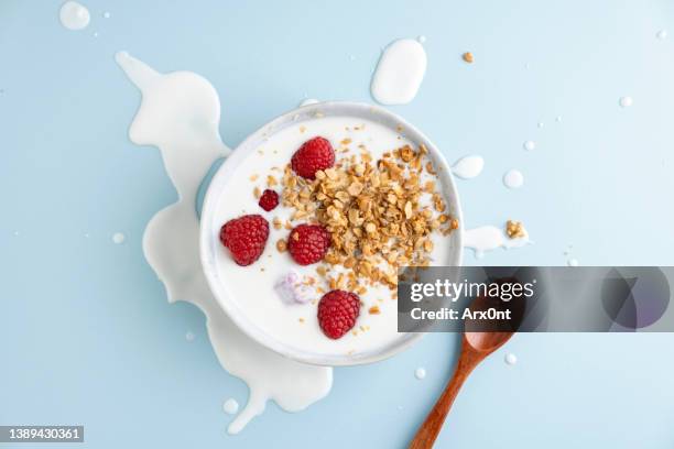 greek yogurt with raspberries and crunchy granola topping - yogurt bildbanksfoton och bilder