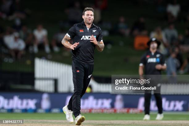 Doug Bracewell of New Zealand bowls during the third and final one-day international cricket match between the New Zealand and the Netherlands at...