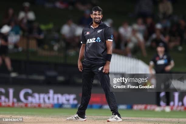Ish Sodhi of New Zealand reacts during the third and final one-day international cricket match between the New Zealand and the Netherlands at Seddon...
