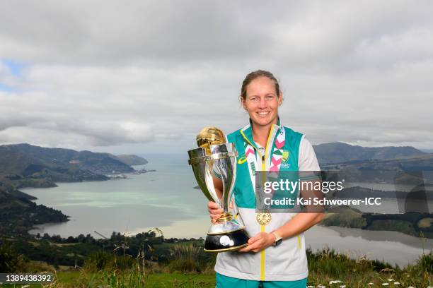 Captain Meg Lanning of Australia poses with the trophy during a media opportunity after winning the 2022 ICC Women's Cricket World Cup Final, at the...