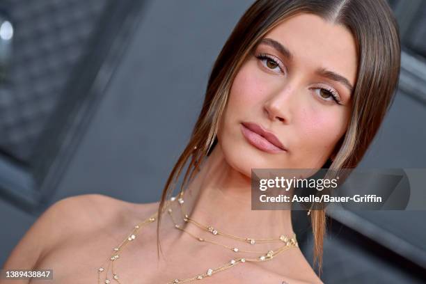 Hailey Bieber attends the 64th Annual GRAMMY Awards at MGM Grand Garden Arena on April 03, 2022 in Las Vegas, Nevada.