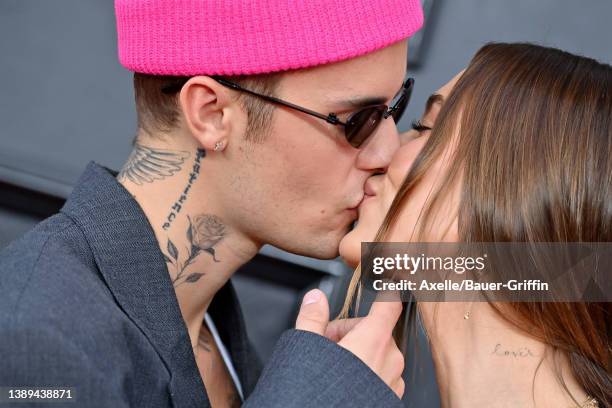 Justin Bieber and Hailey Bieber attend the 64th Annual GRAMMY Awards at MGM Grand Garden Arena on April 03, 2022 in Las Vegas, Nevada.