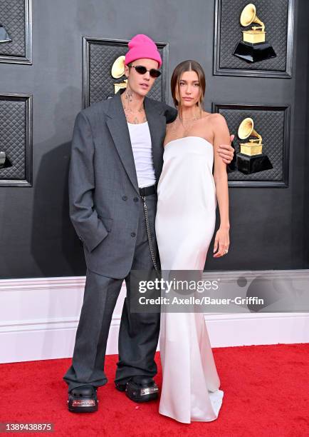 Justin Bieber and Hailey Bieber attend the 64th Annual GRAMMY Awards at MGM Grand Garden Arena on April 03, 2022 in Las Vegas, Nevada.