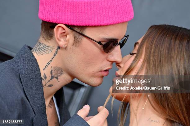 Justin Bieber and Hailey Bieber attend the 64th Annual GRAMMY Awards at MGM Grand Garden Arena on April 03, 2022 in Las Vegas, Nevada.