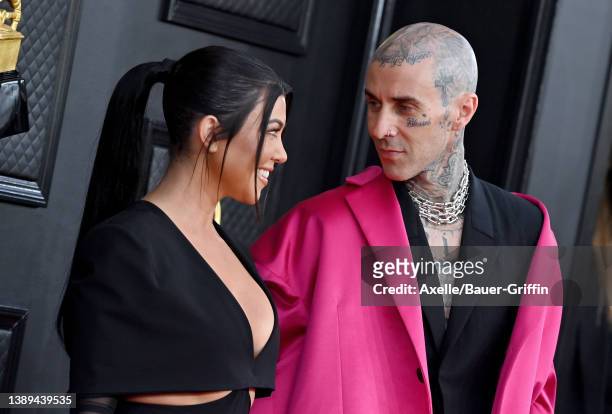 Kourtney Kardashian and Travis Barker attend the 64th Annual GRAMMY Awards at MGM Grand Garden Arena on April 03, 2022 in Las Vegas, Nevada.
