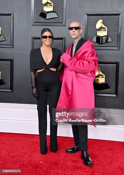 Kourtney Kardashian and Travis Barker attend the 64th Annual GRAMMY Awards at MGM Grand Garden Arena on April 03, 2022 in Las Vegas, Nevada.