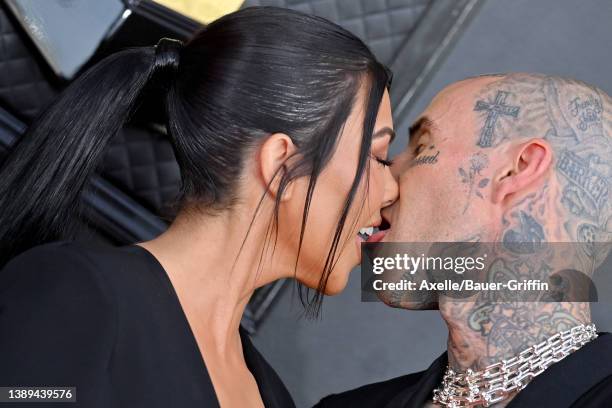 Kourtney Kardashian and Travis Barker attend the 64th Annual GRAMMY Awards at MGM Grand Garden Arena on April 03, 2022 in Las Vegas, Nevada.