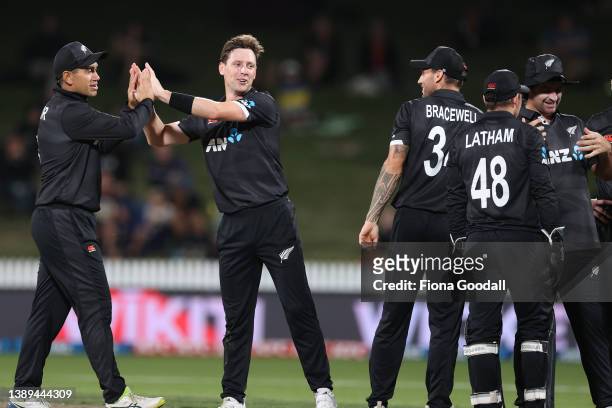 Matt Henry of New Zealand takes a wicket during the third and final one-day international cricket match between the New Zealand and the Netherlands...