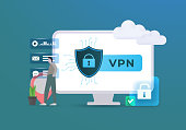 VPN security network concept. Virtual private network with encrypted connection, online protect web traffic. Computer with vpn app for unblock websites and encrypt connection in online messenger