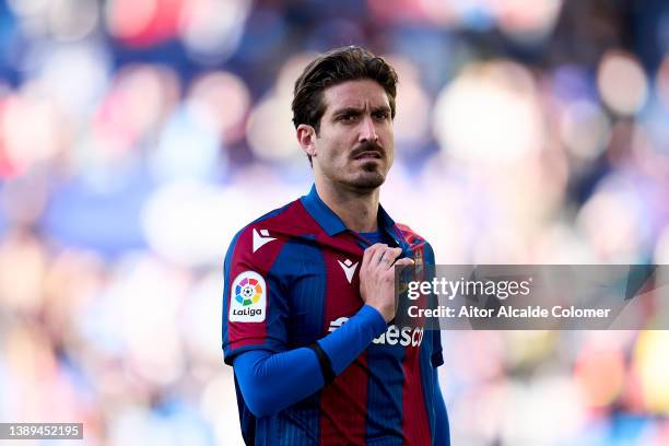 Jose Campaña of Levante UD looks on during the LaLiga Santander match between Levante UD and Villarreal CF at Ciutat de Valencia Stadium on April 02,...