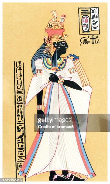 old chromolithograph illustration of ahmose-nefertari, queen consort of egypt, great royal wife, god's wife of amun - akhenaten - fotografias e filmes do acervo