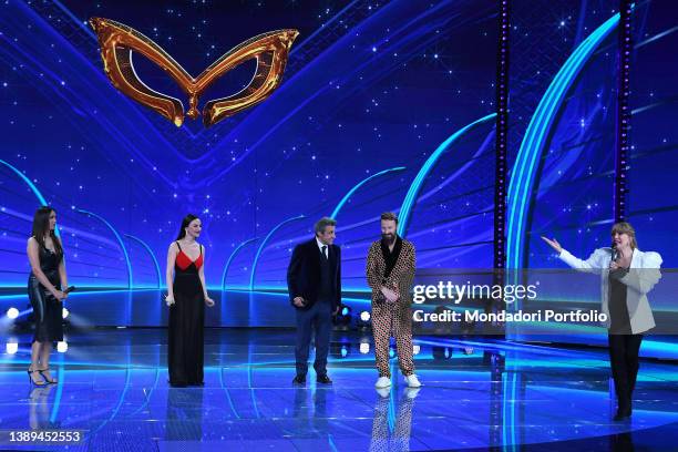 Caterina Balivo, Arisa, Flavio Insinna, Francesco Facchinetti, Milly Carlucci during the last episode of the broadcast Il cantante mascherato at the...