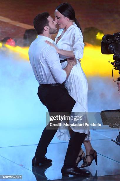 Vito Coppola and Arisa during the last episode of the broadcast Il cantante mascherato at the rai studios of the Foro italico. Rome , April 01st, 2022