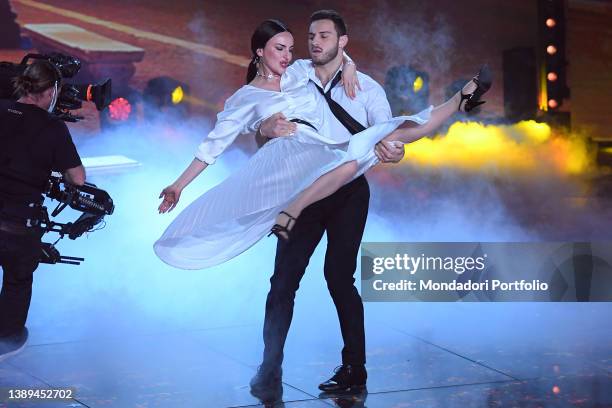 Vito Coppola and Arisa during the last episode of the broadcast Il cantante mascherato at the rai studios of the Foro italico. Rome , April 01st, 2022