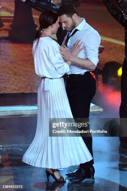 Vito Coppola and Arisa during the last episode of the broadcast Il cantante mascherato at the rai studios of the Foro italico. Rome , April 01st, 2022