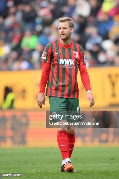 Arne Maier of FC Augsburg looks on during the Bundesliga match between FC Augsburg and VfL Wolfsburg at WWK-Arena on April 03, 2022 in Augsburg,...