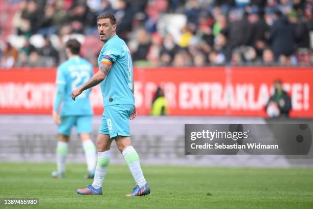 Max Kruse of VfL Wolfsburg looks on during the Bundesliga match between FC Augsburg and VfL Wolfsburg at WWK-Arena on April 03, 2022 in Augsburg,...