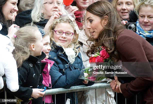 Catherine, Duchess of Cambridge greets well wishers as she visits Alder Hey Children's NHS Foundation Trust on February 14, 2012 in Liverpool,...