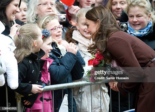 Catherine, Duchess of Cambridge greets well wishers as she visits Alder Hey Children's NHS Foundation Trust on February 14, 2012 in Liverpool,...