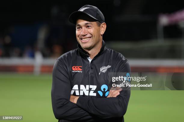 Ross Taylor of New Zealand listens to the speeches during the third and final one-day international cricket match between the New Zealand and the...