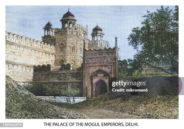 old engraved illustration of the palace of the mughal emperors, old delhi, india (the red fort or lal qila) - red fort ストックフォトと画像