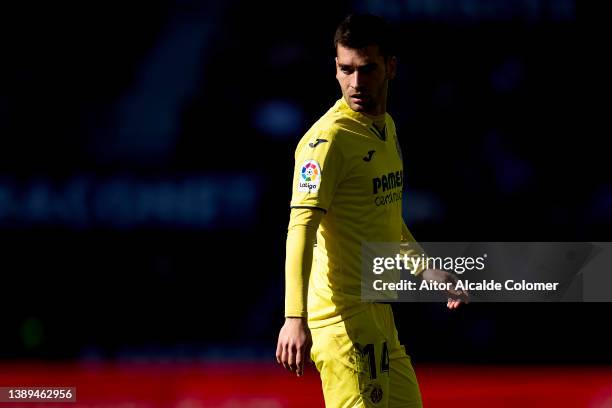 Manu Trigueros of Villarreal CF looks on during the LaLiga Santander match between Levante UD and Villarreal CF at Ciutat de Valencia Stadium on...