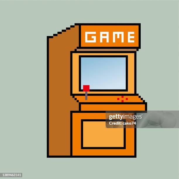 ilustraciones, imágenes clip art, dibujos animados e iconos de stock de ilustración de píxeles de video game arcade cabinet - sala de máquinas recreativas