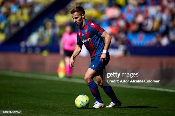 Enric Franquesa of Levante UD in action during the LaLiga Santander match between Levante UD and Villarreal CF at Ciutat de Valencia Stadium on April...