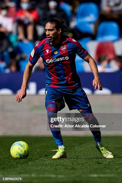 Martin Caceres of Levante UD in action during the LaLiga Santander match between Levante UD and Villarreal CF at Ciutat de Valencia Stadium on April...