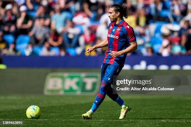 Martin Caceres of Levante UD in action during the LaLiga Santander match between Levante UD and Villarreal CF at Ciutat de Valencia Stadium on April...