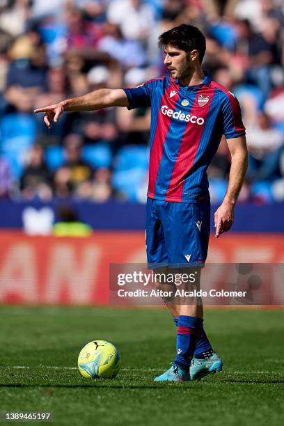 Gonzalo Melero of Levante UD in action during the LaLiga Santander match between Levante UD and Villarreal CF at Ciutat de Valencia Stadium on April...