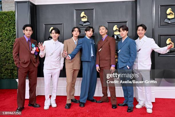 Suga, Jin, Jungkook, RM, Jimin and J-Hope of BTS attends the 64th Annual GRAMMY Awards at MGM Grand Garden Arena on April 03, 2022 in Las Vegas,...