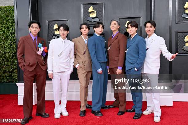 Suga, Jin, Jungkook, RM, Jimin and J-Hope of BTS attends the 64th Annual GRAMMY Awards at MGM Grand Garden Arena on April 03, 2022 in Las Vegas,...