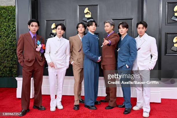 Suga, Jin, Jungkook, RM, Jimin and J-Hope of BTS attends the 64th Annual GRAMMY Awards at MGM Grand Garden Arena on April 03, 2022 in Las Vegas,...