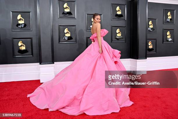 Chrissy Teigen attends the 64th Annual GRAMMY Awards at MGM Grand Garden Arena on April 03, 2022 in Las Vegas, Nevada.