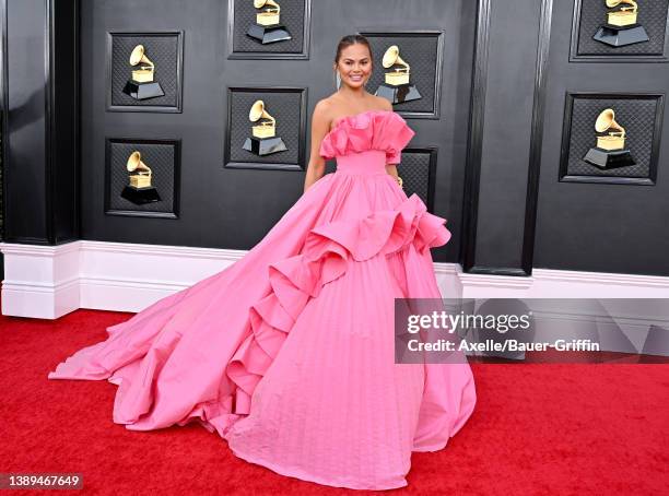 Chrissy Teigen attends the 64th Annual GRAMMY Awards at MGM Grand Garden Arena on April 03, 2022 in Las Vegas, Nevada.