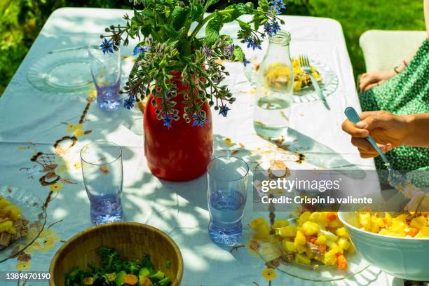 garden table with white tablecloth and food on a spring day - essen im freien stock-fotos und bilder