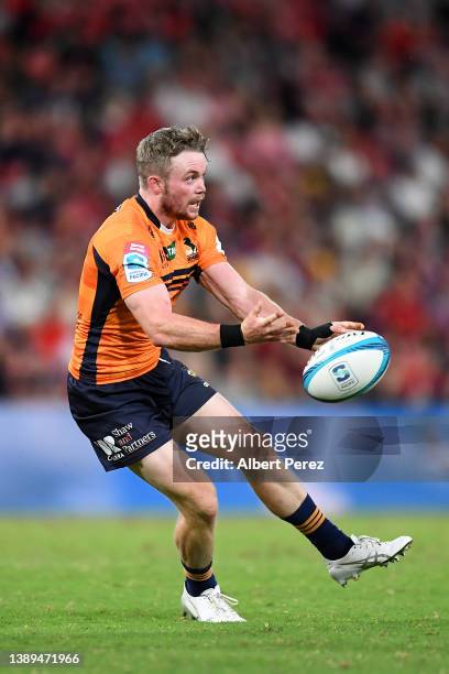 Ryan Lonergan of the Brumbies passes the ball during the round seven Super Rugby Pacific match between the Queensland Reds and the ACT Brumbies at...