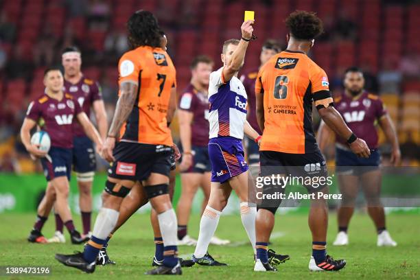 Rob Valetini of the Brumbies is shown the yellow card during the round seven Super Rugby Pacific match between the Queensland Reds and the ACT...